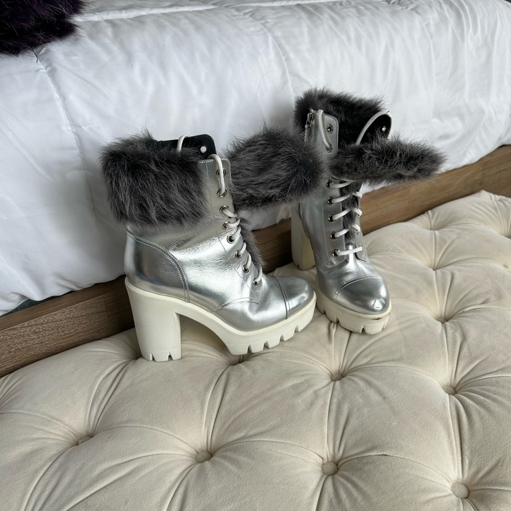 Giuseppe Zanotti Silver Heeled Boots with Gray Fur